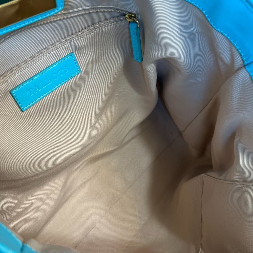 Talbots Large Woven Paper Straw Tote Bag Turquoise Blue Leather Trim Gold - Picture 8 of 12